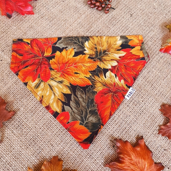 🐶 5 for $15 * Pablo Fall Autumn Leaves/Red Gold Dots Cotton Dog Bandana - Picture 5 of 9